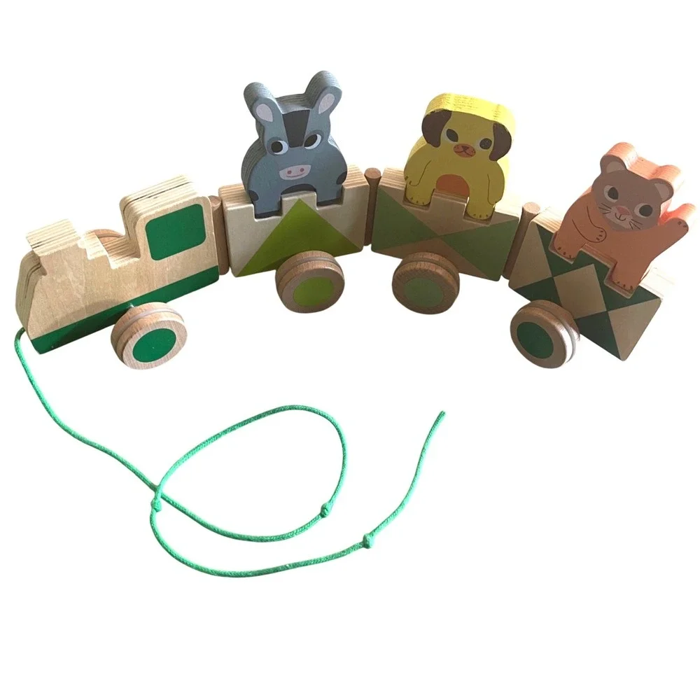 Wooden‎ Animal Train Pull Toy Kids OS Green Montessori Waldorf Rolling Carriages